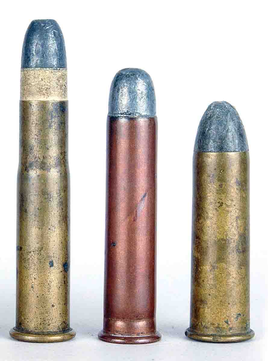 These three cartridges were the most popular in Sharps and Remington single shots in the 1870s and in makes of other single shots (left to right): .44-21⁄4 inch (.44-77), .45 Government (.45-70) and .50 Government (.50-70).